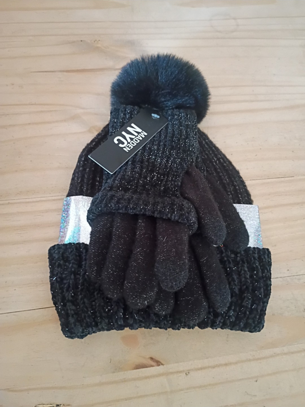Madden NYC Black Pom Beanie with Matching Gloves
